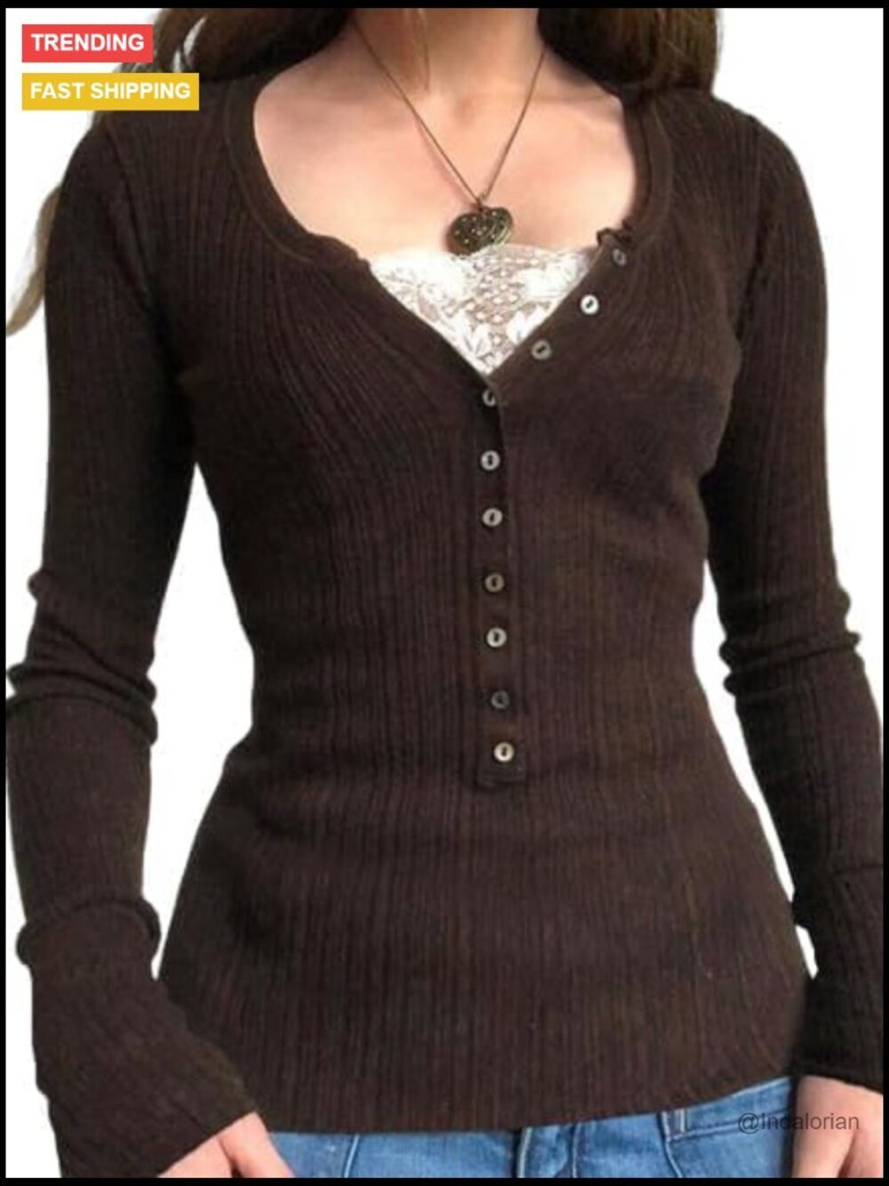 Long Sleeve Henley Shirt - V Neck Button Ribbed Knit Top Slim Fit Casual Tunic